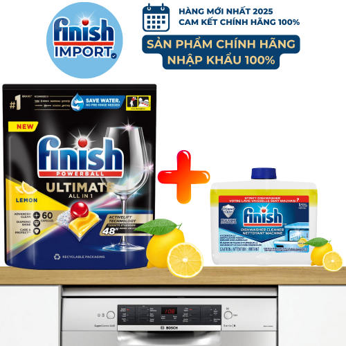 Combo 2 món Ultimate Deep Clean: 60 viên Finish Quantum Ultimate 2024 + 250ml dung dịch vệ sinh máy rửa chén Finish (cho máy 13 bộ+).
